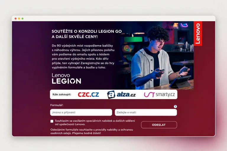 Náhľad súťažnej mikrostránky Lenovo Legion Go s herným zariadením a červenými prvkami kampane.