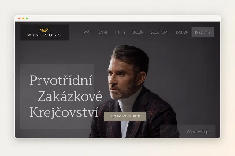 Náhľad webu krajčírskeho salónu Windsors s tmavou fotografickou úvodnou sekciou.